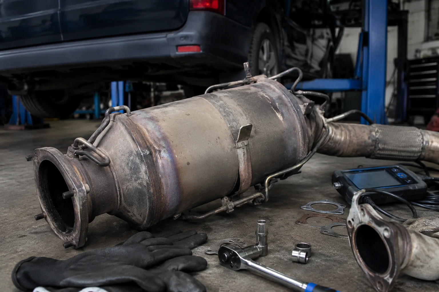 A removed diesel particulate filter beside diagnostic equipment in the specialist workshop